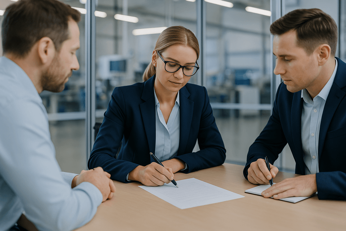 Drei Personen in Businesskleidung sitzen an einem Besprechungstisch und besprechen gemeinsam ein neutrales Dokument – Symbol für gezielte Verbesserungsmaßnahmen in der 8D-Evaluation.