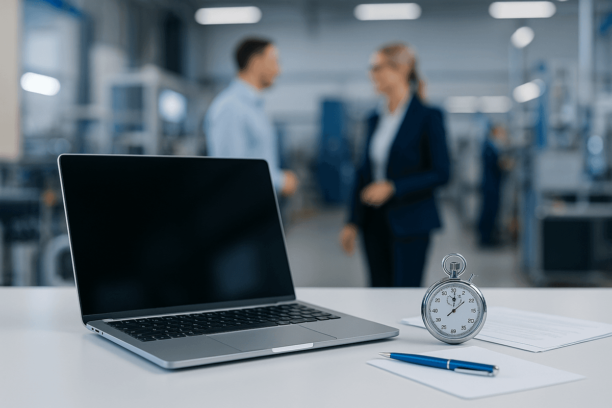 Moderner Laptop … Symbol für schnelle, KI-gestützte Qualitätsbewertung von 8D-Berichten mit Software-Tool.