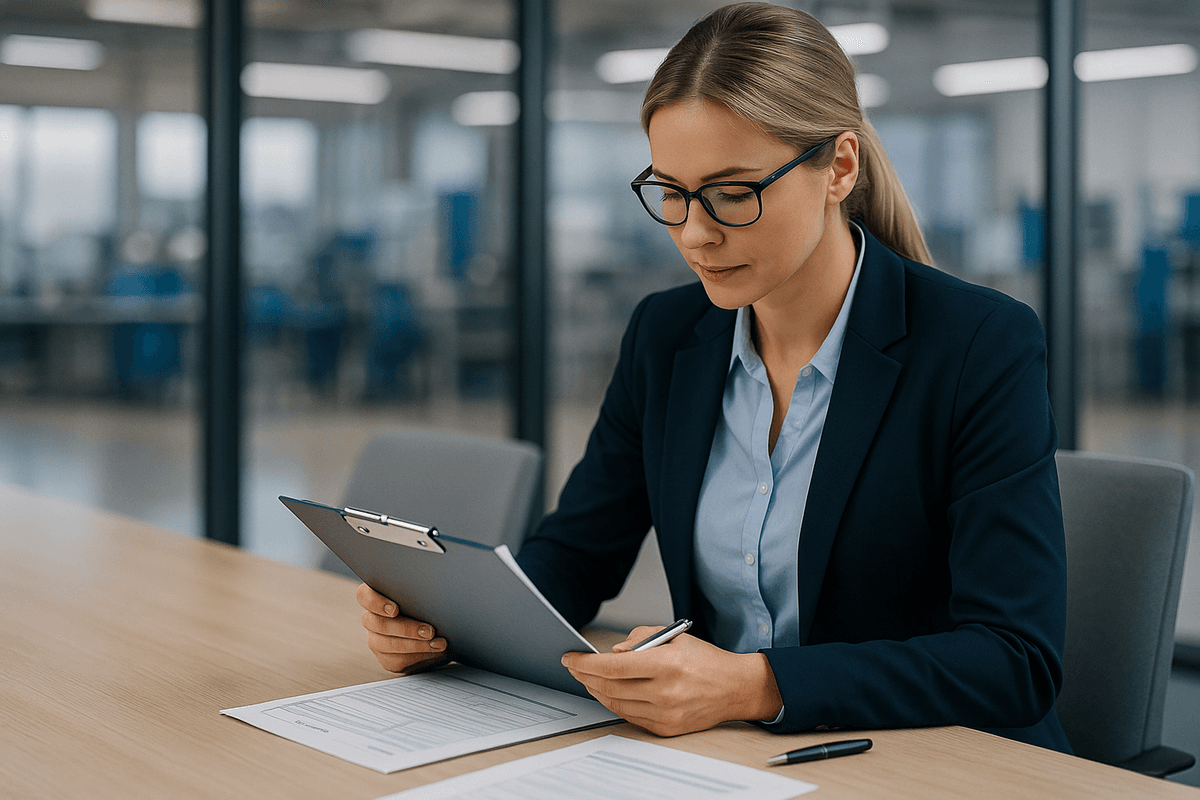 Qualitätsmanagerin … Darstellung der standardisierten, KI-gestützten Bewertung von 8D-Berichten mit Software-Tool.